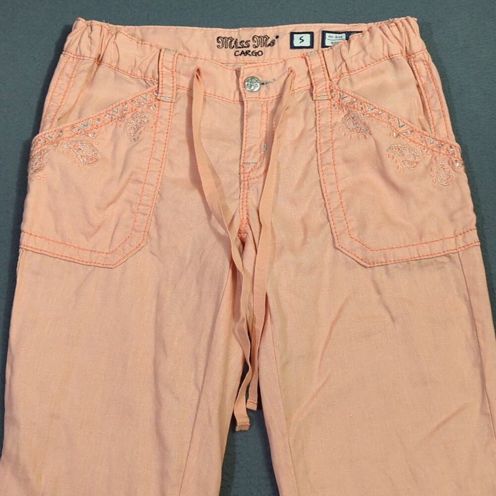 Miss Me Pant's Women's S Pink Linen Mid Rise Wide Cargo Flap Pocket - Picture 5 of 14